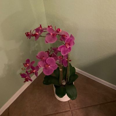 Sale Photo Thumbnail #45: Potted artificial magenta orchid plant set in a ribbed white ceramic planter.