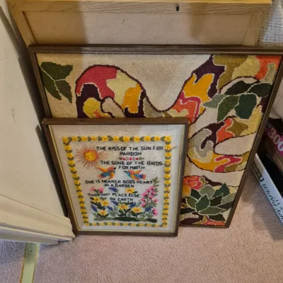 Sale Photo Thumbnail #55: Collection of framed vintage needlework and wall art pieces, including a garden verse sampler and a large abstract crewel design.