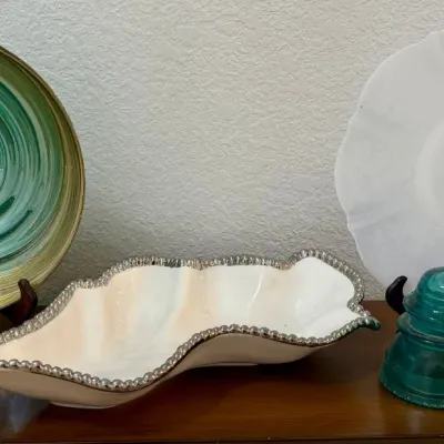 Home Decor - White Beaded Bowl, Green Swirl Glass Bowl, Opalescent Milk Glass Plate, (2) Insulators