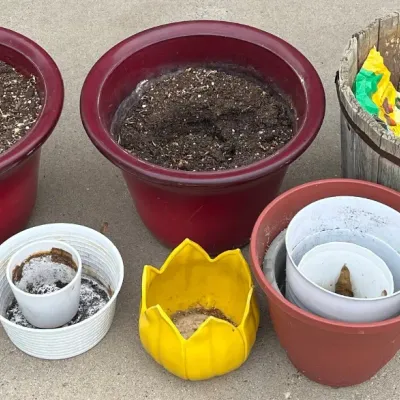 Assorted Foam, Wood, And Ceramic Planters And Full Bag Of Miracle-gro Potting Mix