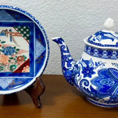Asian Painted Bowl, Blue And White Teapot