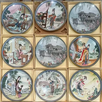 (9)1980's Imperial Jingdezhen Porcelain Decorative Plates With Boxes, And (7) Wood Wall Hanging Display Frames
