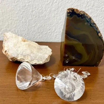 
Natural Polished Stone Bookend, Geode, And (2) Crystal Beaded Suncatchers