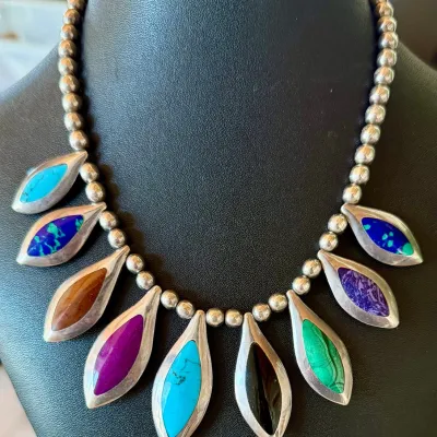 Vintage Mexico Sterling Silver & Multi Stone Teardrop 17 Inch Necklace - 136.57 Grams - Turquoise - Onyx