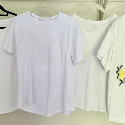 (2) Chicos White T-shirts Size 2, (1) Spyder Active White Shirt Large, Amalfi Democracy Shirt Medium