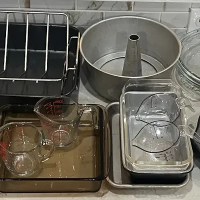 Baking And Cooking Lot - Roasting Pan, Glass And Plastic Measuring Cups, Metal And Glass Pie Plates, Molds
