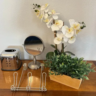 
Home And Bath Decor, Mirror, Tissue Cover, Faux Plants, Towel Hanger, And More
