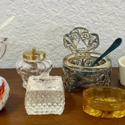 Vintage Salts - Slag Glass, (3) Lidded, Silver Tone Wire Frame, Clear Glass, Nipon, Germany, With Spoons