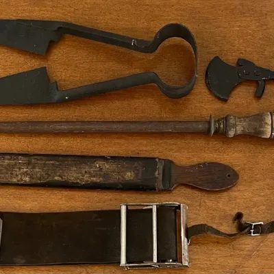
Antique And Vintage Lot - (2) Strops, Knife Sharpener, Shears, Can Opener
