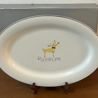 Pottery Barn Retired Collectors Edition Rudolph 17" Oval Reindeer Silver Rim Platter In Original Box