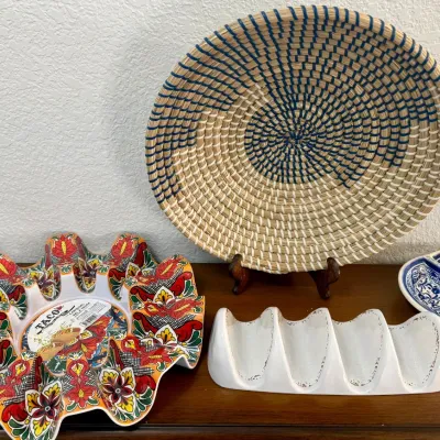 Vintage Woven Basket, Plastic Taco Tray And Stand, Hand Painted Blue Portugal Dish
