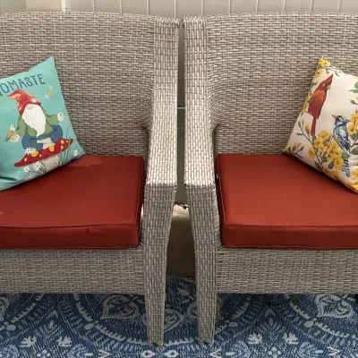 Pair Of Ratan Outdoor Patio Arm Chairs With Cushions And Pillows