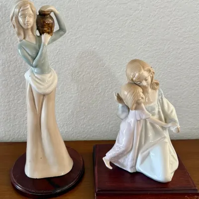 Paul Sebastian Mother And Child Figurine And Porcelain Female Figurine With Wood Bases