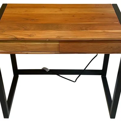 
Rajasthan Arts & Crafts House 2 Drawer Wood Desk With Built In Outlet, USB, And Metal Frame