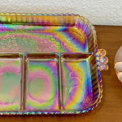 Indiana Glass Co. Iridescent Carnival Glass Divided Relish Tray And Marigold Ashtray