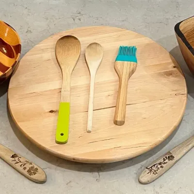 Wood Kitchen Lot - Lazy Susan, Hand Crafted Maine State Prison Bowl, And Spoons