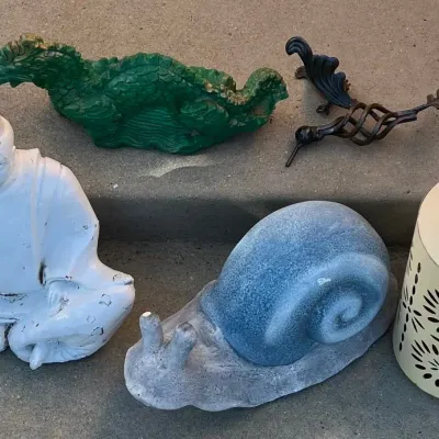 Yard Art - Concrete Dragon And Buddha, Resin Snail, Metal Hummingbird