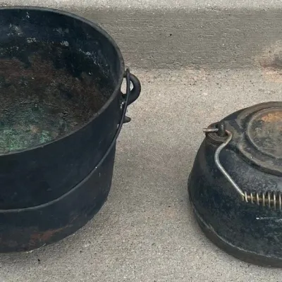 Vintage Solid Cast Iron Lidded Kettle And Handled Pot
