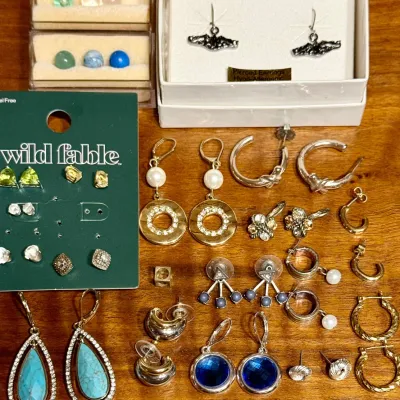 Collection Of Costume Jewelry Earrings - Rhinestones - Faux Turquoise - Stone Ring Inserts