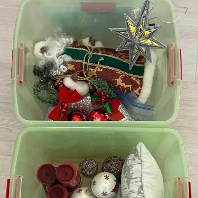 (3) Totes Of Christmas Decor - Candles, Santas, Ornaments, Tree Topper, Baking, And More