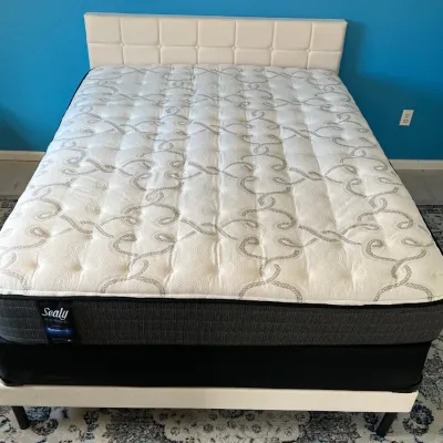 White Material Queen Size Bed Frame With Sealy Posturepedic Mattress And Box Spring
