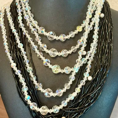 
(2) Necklaces - Aurora Borealis Multi Strand Crystal - Black Bead And Faux Pearl Multi Strand
