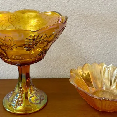 Indiana Glass 1970's Iridescent Marigold Carnival Glass Pedestal Bowl With Grapes And Marigold Serving Bowl