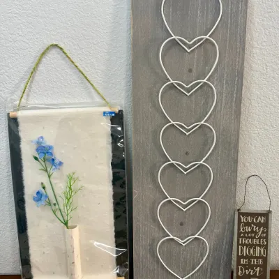 
(3) Wall Hangings - Asian Paper Scroll, Wood And Metal Hearts, Gardening
