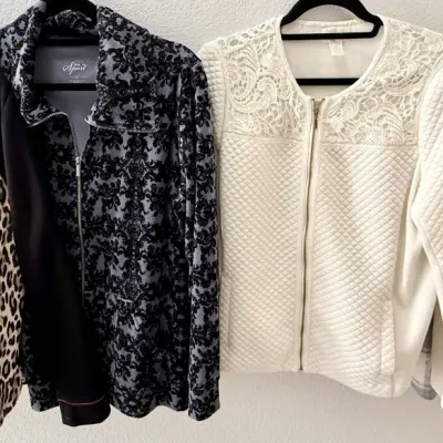
(2) Chicos Jackets Size 2, 32 Heat Small Shirt, Style And Co. Sport Zip Front Jacket