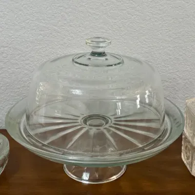 Vintage Clear Glass Covered Cake Plate, (2) Mason Jars, (2) Lidded Candy Dishes