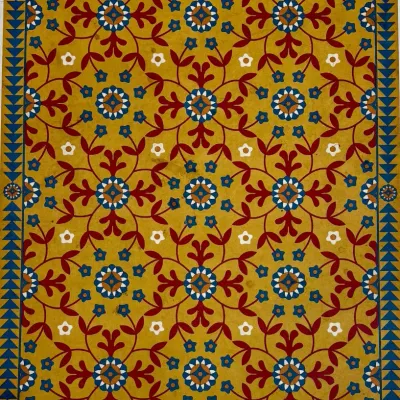 
59" X 38" Whig Rose Dresden Mustard Vintage Vinyl Floor Cloth By Spicher Co.