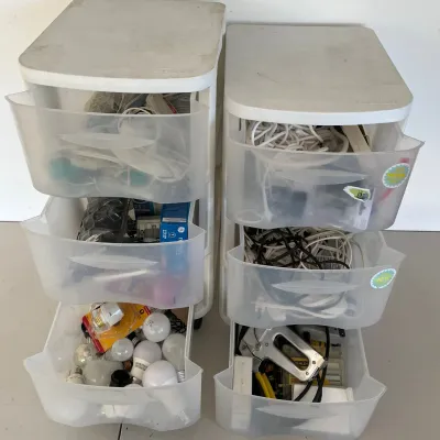 StyleMaster 6 Drawer Plastic Organizer Set With Contents - Staplers, Extension Cords, Bulbs, Hot Glue, Outlet