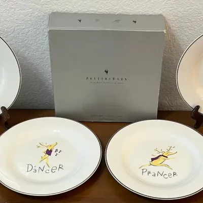 
Pottery Barn Set Of 4 Retired Collectors Edition Reindeer Silver Rim Desert Plates With Original Box