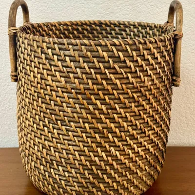 Wood And Wicker Double Handle Round Basket