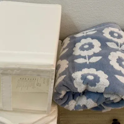 (4) Collapsible Shoe Storage Boxes, (2) Blue Floral Bath Towels