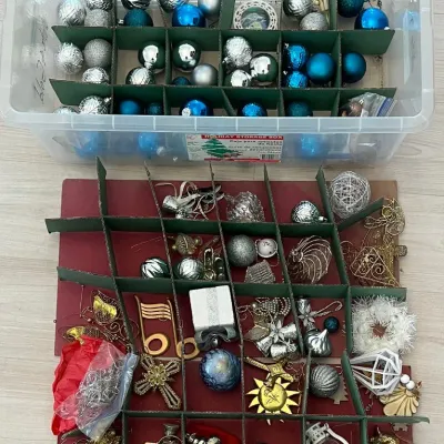 Plastic Tote With Assorted Glass, Plastic, And Beaded Ornaments
