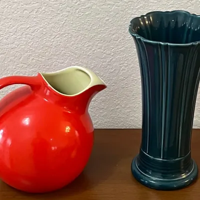 Fiesta HLC USA Blue Vase And Hall's Superior Quality Red Pitcher