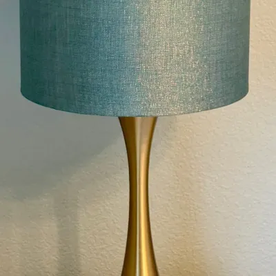 3 Way Gold Base Lamp With Blue Shimmer Drum Shade