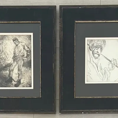 (2) Vintage Small Framed Pencil Portrait Prints