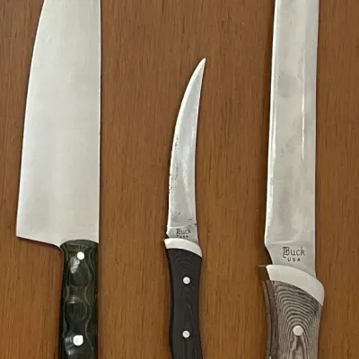 (3) Kitchen Knives - (2) Buck USA And (1) Damasquinados Suarez Toledo Spain
