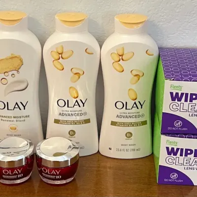 
(4) Unused Olay Body Washes, (2) Facial Moisturizers, (2) Boxes Of Flints Lens Wipes