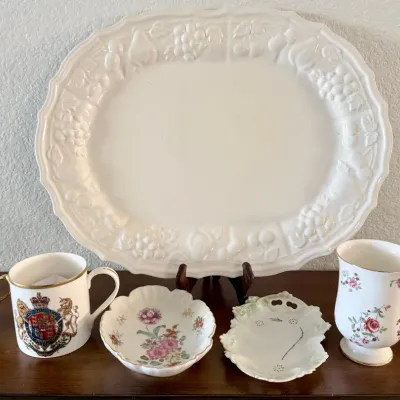 Nova Studio White Large Platter, (4) Teacups, (2) Vintage Dishes - Royal Albert, Royal Windsor, Royal Victoria