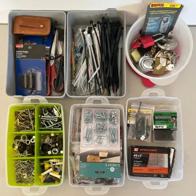 Assorted Containers With Hardware, Zip Ties, And Locks