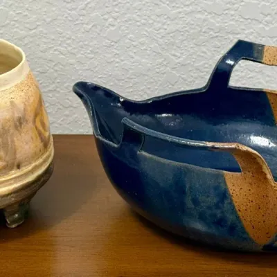 
(2) Studio Pottery Bowls - (1) Footed And (1) Bill Levere Double Handled