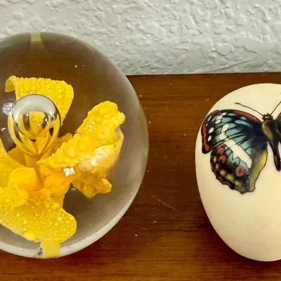 Hand Blown Art Glass Paper Weight With Yellow Flower, Porcelain Egg With Butterfly