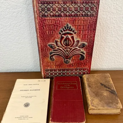 
1808 First Edition Methodist Hymn Book, 1941 Soldiers Handbook (as Is), Selection Of Dishes, Faux Book Box