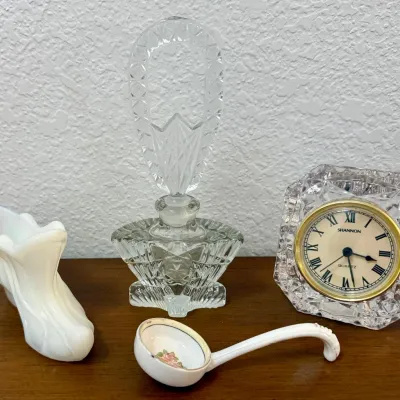 Fenton Milk Glass Shoe, Clear Glass Perfume With Stopper, Shannon Quartz Clock, Nippon Spoon