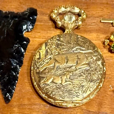 Sears Gold Tone Hunter Case Pocket Watch - Black Arrowhead And Green Stone Tie Tack