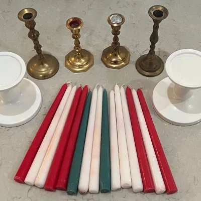 (4) Vintage Brass Candle Holders, (2) Ikea Candle Holders, And (15) Wax Candles