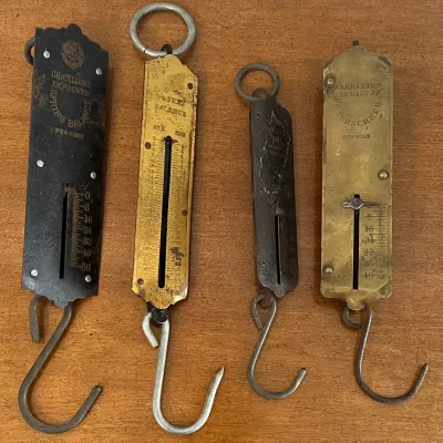 
(4) Antique 25 And 50 Pound Spring Pocket Balance Scales - Chatillion & Sons, C. Forschner, Made In Germany